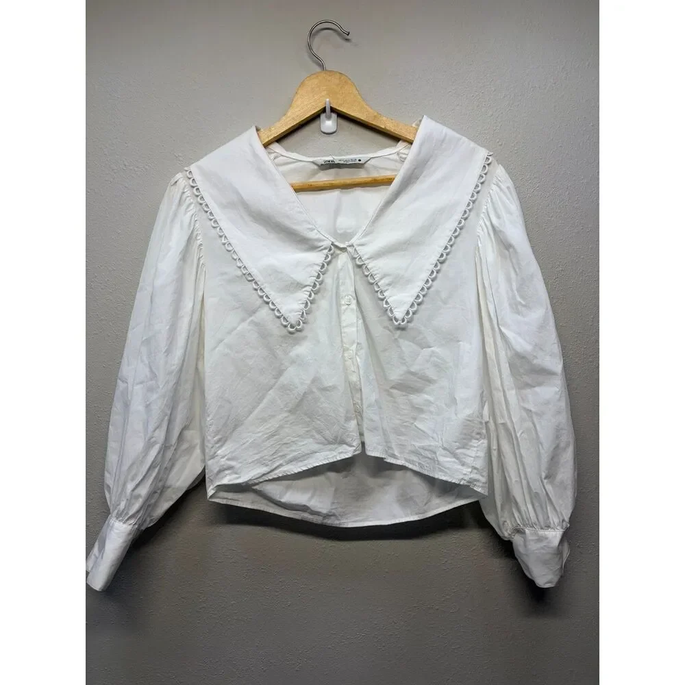 Zara Peter Pan Collared Puff Sleeve Cropped Poplin Blouse Size Small